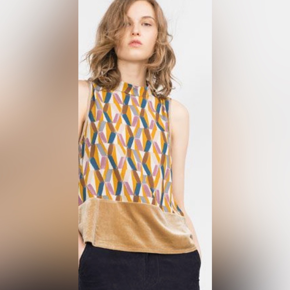 Zara Mixed Media Geometric Print Sleeveless Top Velvet Hem Size Large